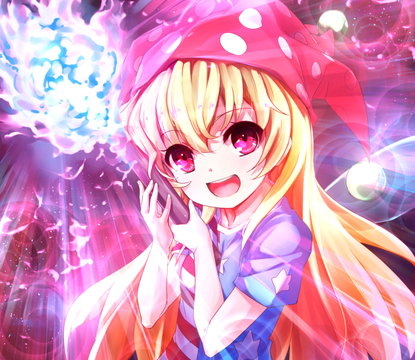1girl, american_flag_dress, bangs, blonde_hair, clownpiece, commentary_request, fairy_wings, fire