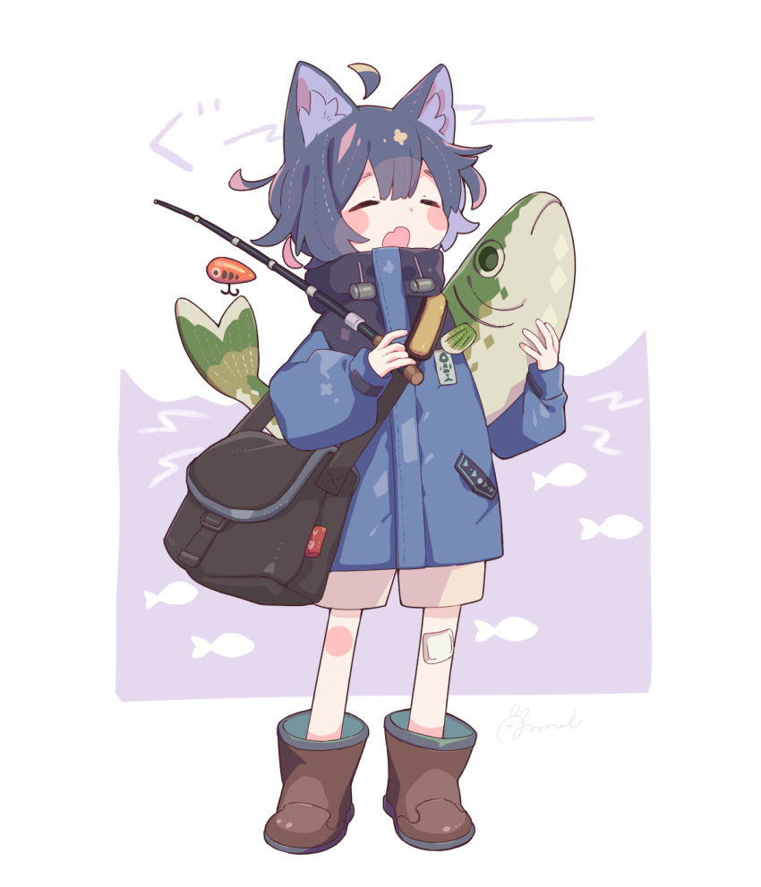 1other, ahoge, animal, animal_ears, bag, bandaid, bandaid_on_knee, blue_coat, blush, boots, brown_footwear, cat_ears, closed_eyes, coat, fang, fish, fishing_rod, full_body, grey_hair, high_collar, highres, holding, holding_animal, holding_fish, holding_fishing_rod, multicolored_hair, open_mouth, original, pink_hair, short_hair, shorts, shoulder_bag, skin_fang, sleeves_past_wrists, solo, sorata123, standing, two-tone_hair, white_shorts, yawning