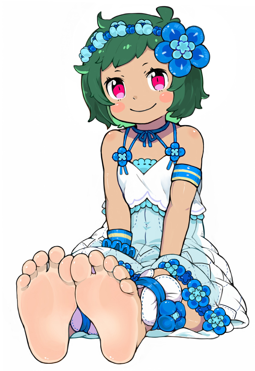1girl, absurdres, armband, barefoot, blue_dress, blush, child, closed_mouth
