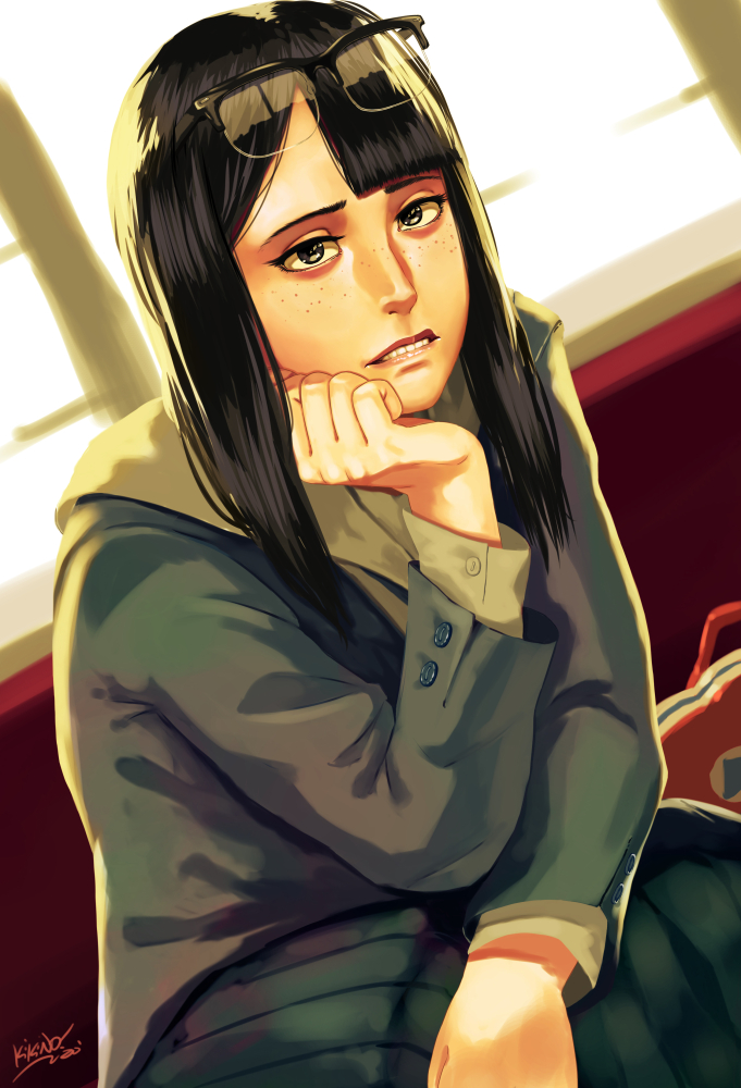 1girl, asymmetrical_bangs, bangs, black_hair, blazer, eizouken_ni_wa_te_wo_dasu_na!, eyewear_on_head, freckles