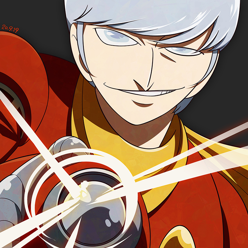1boy, albert_heinrich, cyborg_009, dated, grey_background, grey_eyes, hand_up, looking_at_viewer