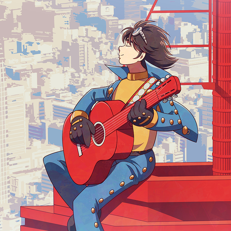 android, black_gloves, blue_pants, blurry, blurry_background, brown_hair, cityscape, closed_eyes, day, gloves, goggles, goggles_on_head, guitar, instrument, jinzou_ningen_kikaider, jiro_(kikaider), kikaider_(series), music, outdoors, pants, photo_background, playing_instrument, shirt, sitting, sorges, yellow_shirt