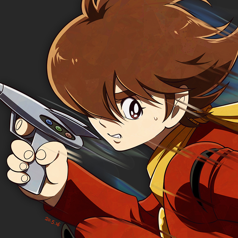 brown_eyes, brown_hair, cyborg_009, dated, grey_background, gun, hair_over_one_eye, holding