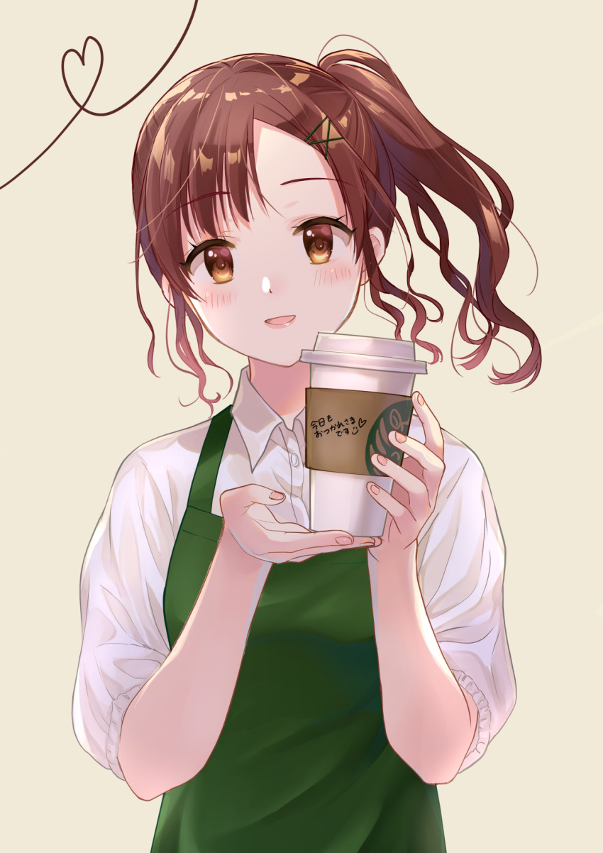 1girl, apron, bangs, barista, blush, brown_eyes, brown_hair, coffee_cup