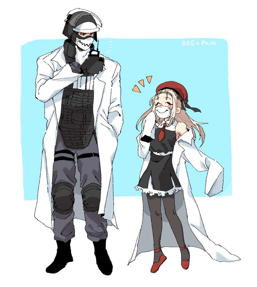 1girl, absurdres, beret, black_legwear, blue_background, closed_eyes, crossover, doc_(rainbow_six_siege), dress, girls_frontline, gloves, hat, helmet, highres, labcoat, long_hair, long_sleeves, mask, military_operator, mouth_mask, mp5_(girls_frontline), oversized_clothes, pantyhose, rainbow_six_siege, red_headwear, sanso_(kasyawamoti), sleeveless, sleeveless_dress, sleeves_past_fingers, sleeves_past_wrists, standing, surgical_mask, two-tone_background, white_background, white_gloves