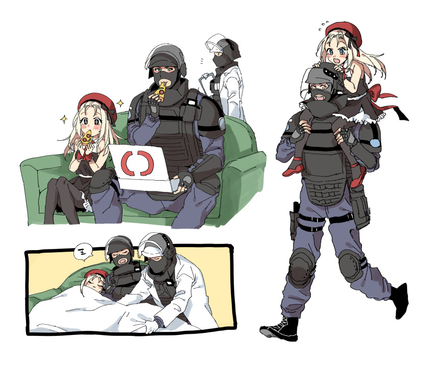 1girl, 2boys, absurdres, beret, black_legwear, blush, carrying, closed_eyes