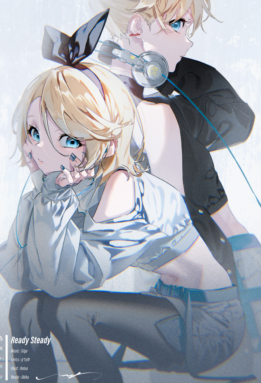1boy, 1girl, absurdres, aqua_eyes, arm_at_side, background_text, bare_shoulders, black_legwear