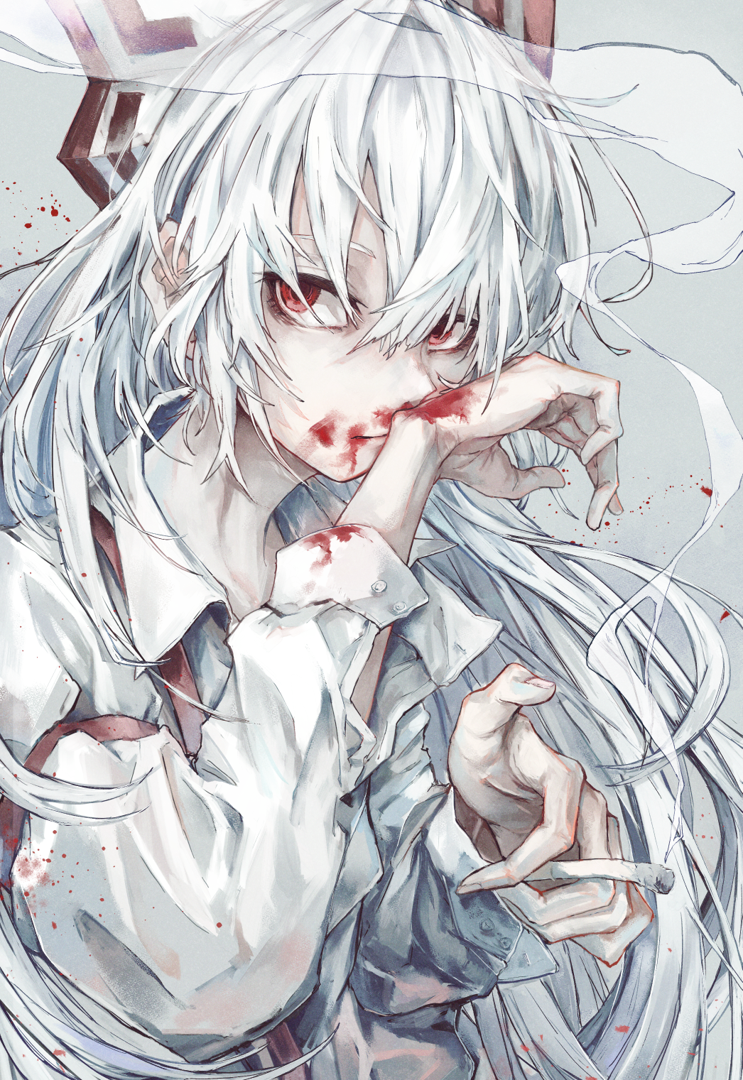 1girl, arm_belt, arms_up, blood, blood_on_face, blood_splatter, bloody_hands, cigarette