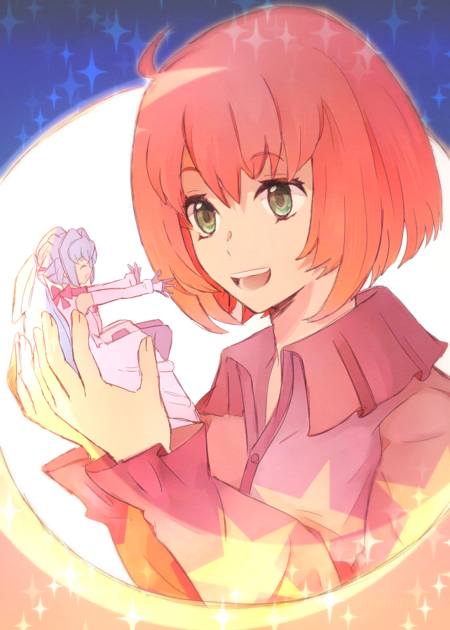 2girls, blue_hair, closed_eyes, green_eyes, gundam, gundam_build_divers, gunpla, holding_person