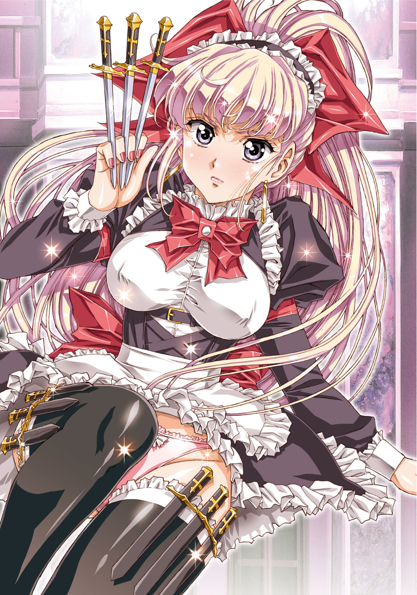 1girl, apron, bad_link, black_legwear, covered_nipples, earrings, grey_eyes, high_ponytail