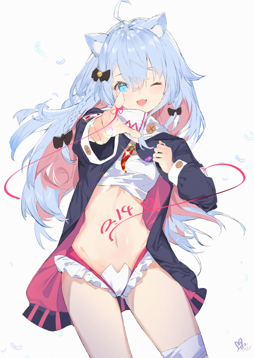1girl, absurdres, animal_ear_fluff, animal_ears, bangs, bell, black_jacket, blue_eyes