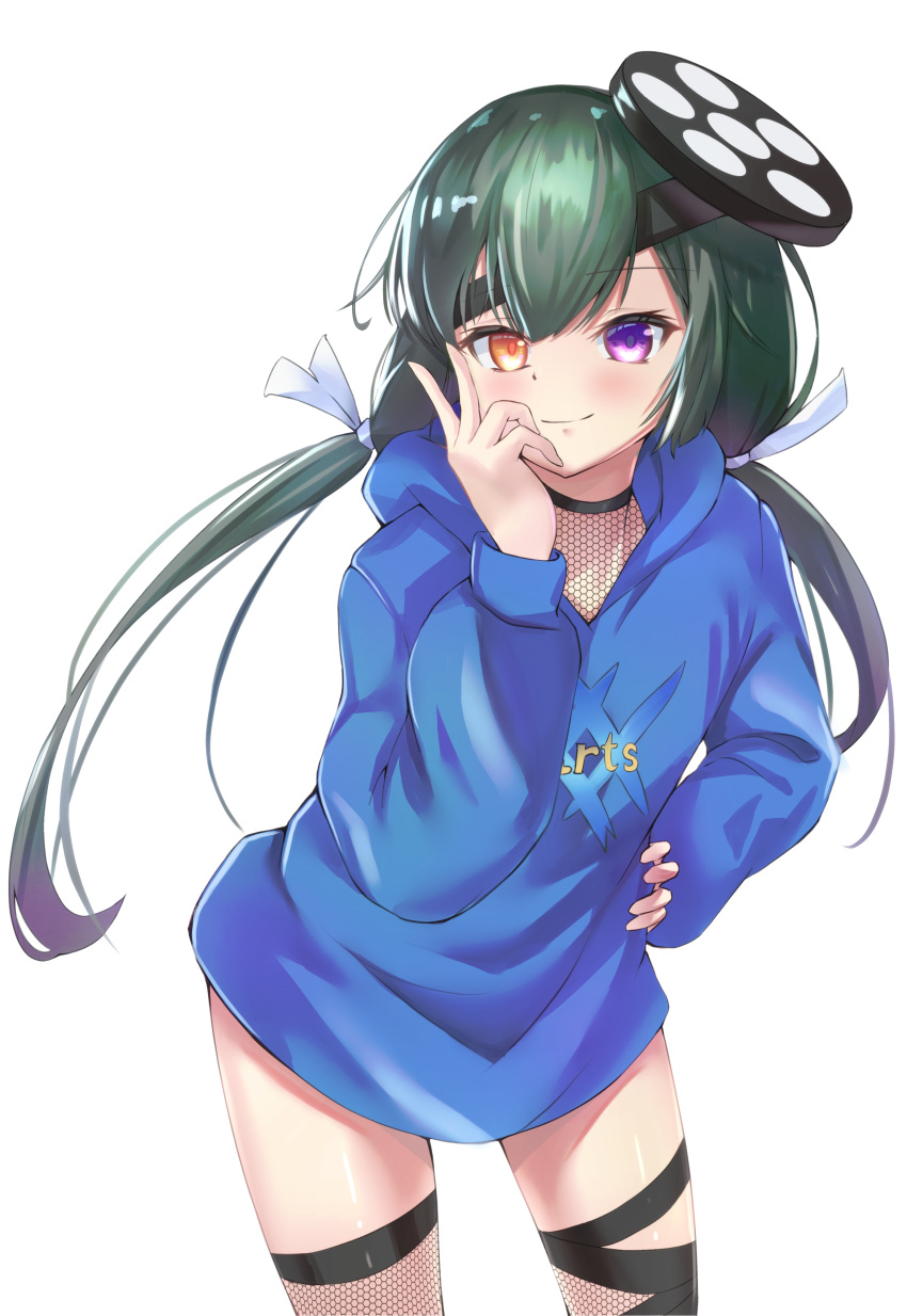 1girl, absurdres, arts_shirt, bangs, black_hair, blue_sweater, blush, breasts