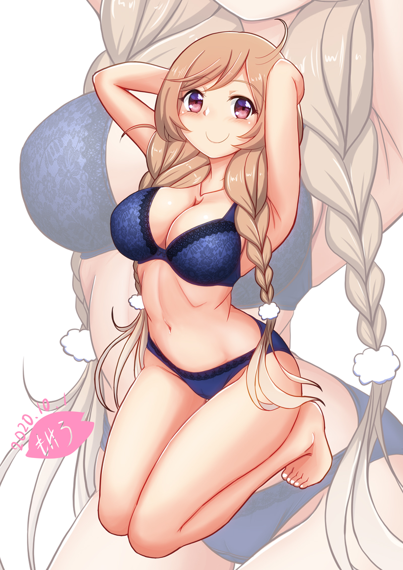 1girl, arms_behind_head, artist_logo, barefoot, blue_bra, blue_panties, bra, braid, breasts, cloud_hair_ornament, dated, full_body, gradient_hair, kantai_collection, kneeling, lace, lace_bra, lace_panties, large_breasts, light_brown_hair, long_hair, looking_at_viewer, minegumo_(kantai_collection), moke_ro, multicolored_hair, panties, red_eyes, smile, solo, twin_braids, underwear, underwear_only, zoom_layer