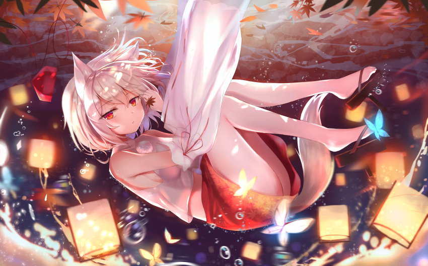 1girl, absurdres, animal_ears, autumn_leaves, bare_shoulders, black_skirt, breasts, bug, butterfly, closed_mouth, commentary_request, detached_sleeves, english_commentary, eyebrows_visible_through_hair, geta, hat, highres, insect, inubashiri_momiji, lantern, leaf, looking_at_viewer, maple_leaf, medium_breasts, multicolored, multicolored_clothes, multicolored_skirt, nekomine14, pom_pom_(clothes), red_eyes, red_skirt, ribbon-trimmed_sleeves, ribbon_trim, shirt, short_hair, silver_hair, skirt, sleeveless, sleeveless_shirt, solo, tail, tokin_hat, touhou, turtleneck, underwater, white_shirt, wolf_ears, wolf_tail