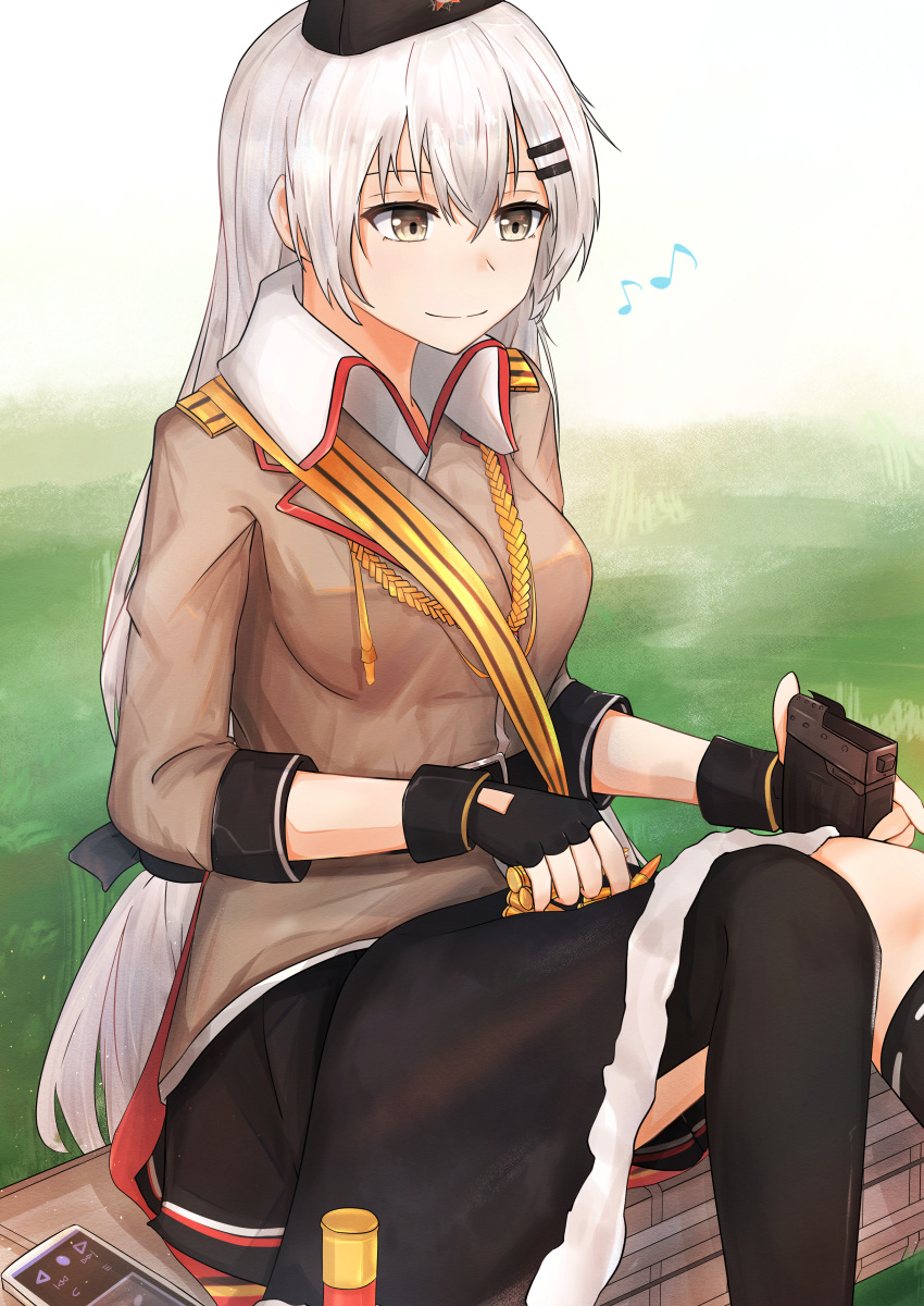 1girl, absurdres, black_gloves, black_legwear, black_skirt, breasts, brown_jacket, cellphone