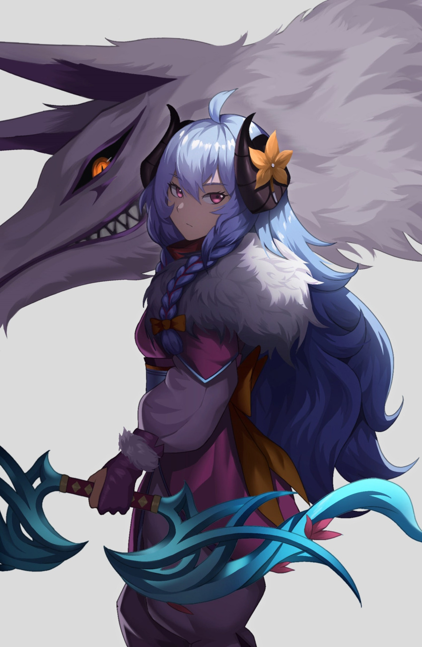 1girl, ahoge, black_sclera, blue_hair, bow, bow_(weapon), braid, cero_(last2stage)