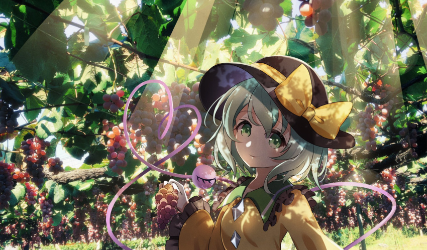 1girl, ametama_(runarunaruta5656), bangs, black_headwear, bow, buttons, closed_mouth, collared_shirt, commentary, dappled_sunlight, day, eyeball, food, frilled_shirt_collar, frilled_sleeves, frills, fruit, grapes, green_eyes, green_hair, hand_up, hat, hat_bow, heart, heart_of_string, highres, holding, holding_food, holding_fruit, komeiji_koishi, light_rays, long_sleeves, one_eye_closed, orchard, outdoors, photo_background, shirt, short_hair, sidelocks, smile, solo, sunlight, symbol_commentary, third_eye, touhou, upper_body, wide_sleeves, yellow_bow, yellow_shirt