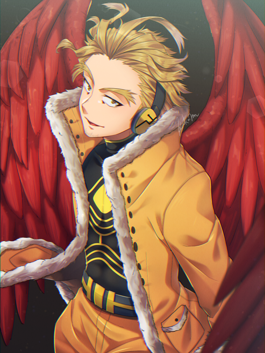 1boy, artist_name, bangs, beard, belt, black_belt, black_shirt, blonde_hair