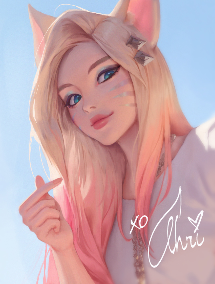 1girl, absurdres, ahri, animal_ears, aqua_eyes, blonde_hair, charles_(106858), finger_heart