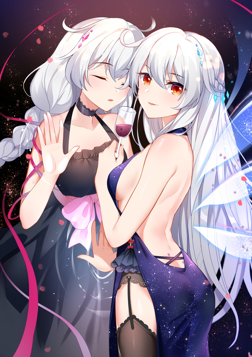 2girls, alcohol, backless_dress, backless_outfit, bangs, bare_arms, bare_shoulders, benghuai_xueyuan, black_choker, black_dress, black_legwear, blue_dress, braid, breasts, choker, closed_eyes, collarbone, commentary, constellation, cowboy_shot, cup, dress, drinking_glass, garter_straps, gem, gou_lianlian_dogface, hair_between_eyes, hair_ornament, halterneck, hand_up, highres, holding, holding_cup, honkai_(series), honkai_impact_3rd, kiana_kaslana, kiana_kaslana_(herrscher_of_the_void), long_braid, long_hair, looking_at_viewer, medium_breasts, multiple_girls, parted_lips, silver_hair, sleeveless, sleeveless_dress, smile, starry_sky_print, thigh-highs, very_long_hair, wine, wine_glass