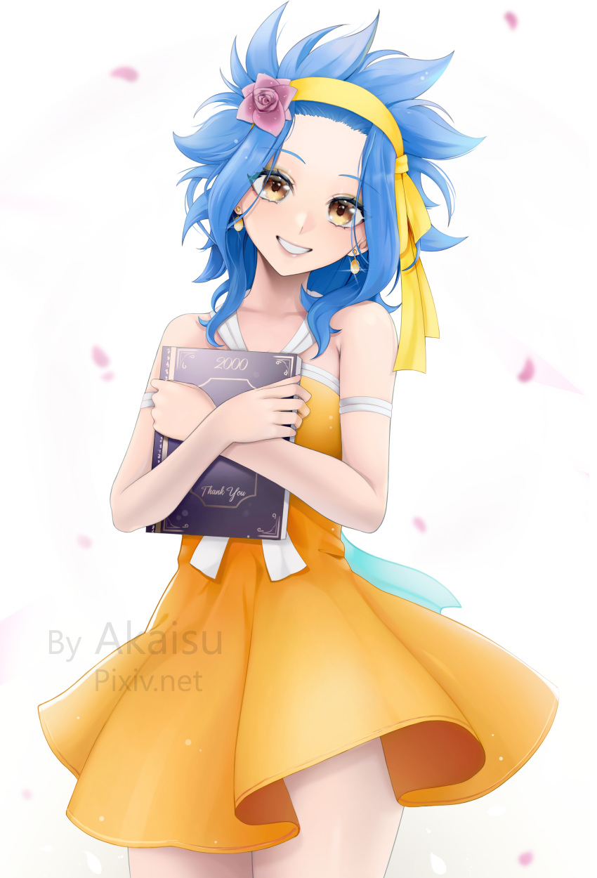1girl, absurdres, akaisu, artist_name, bangs, bare_arms, bare_shoulders, blue_hair, book, breasts, brown_eyes, collarbone, commentary, cowboy_shot, dress, earrings, fairy_tail, falling_petals, flower, grin, hair_flower, hair_ornament, hairband, hands_up, head_tilt, highres, holding, holding_book, jewelry, levy_mcgarden, long_hair, looking_at_viewer, object_hug, orange_dress, simple_background, sleeveless, sleeveless_dress, smile, solo, watermark, web_address, white_background, yellow_hairband