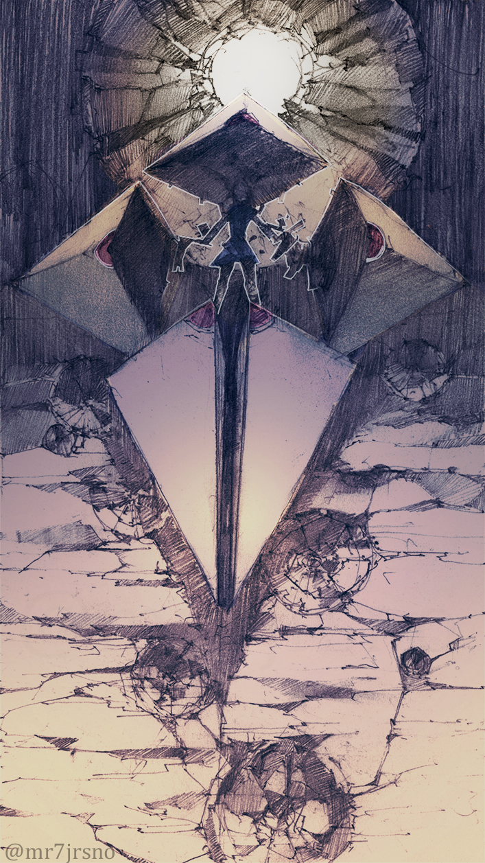 1girl, blue_skirt, crack, cracked_floor, cracked_wall, faceless, floating, hatching_(texture)