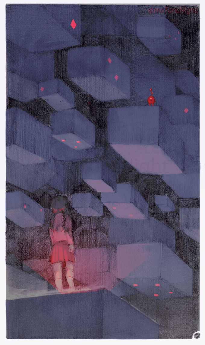 1girl, brown_hair, creature, cube, floating, long_hair, looking_at_another, looking_up