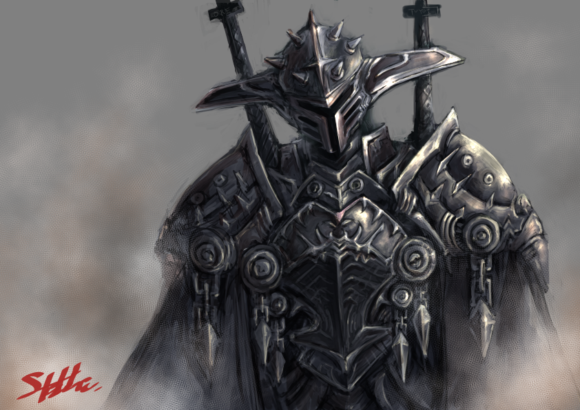 1boy, armor, black_cape, breastplate, cape, chain, cross, deadspike_nine, fog, full_armor, helm, helmet, male_focus, original, pauldrons, shoulder_armor, signature, solo, spiked_helmet, spikes, sword, upper_body, weapon, weapon_on_back