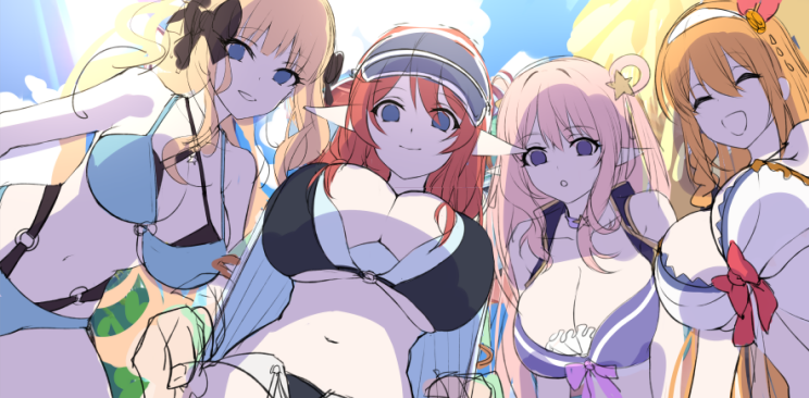 4girls, breasts, from_below, hair_ornament, hatsune_(princess_connect!), highleg, highleg_swimsuit, large_breasts