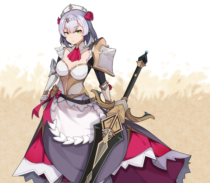 1girl, apron, armor, chinese_commentary, expressionless, eyebrows_visible_through_hair, flower, gauntlets, genshin_impact, greatsword, green_eyes, highres, huge_weapon, maid, maid_apron, maid_dress, maid_headdress, noelle_(genshin_impact), pauldrons, rose, shoulder_armor, silver_hair, user_gyp9963, weapon