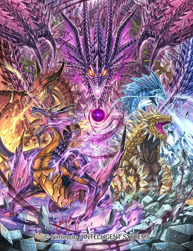 bat_wings, dragon, fangs, fire, fire_emblem, fire_emblem:_mystery_of_the_emblem, fire_emblem:_new_mystery_of_the_emblem, fire_emblem_cipher, glowing, glowing_eyes, horns, izuka_daisuke, medeus, no_humans, official_art, open_mouth, rock, tongue, tongue_out, wings, yellow_eyes