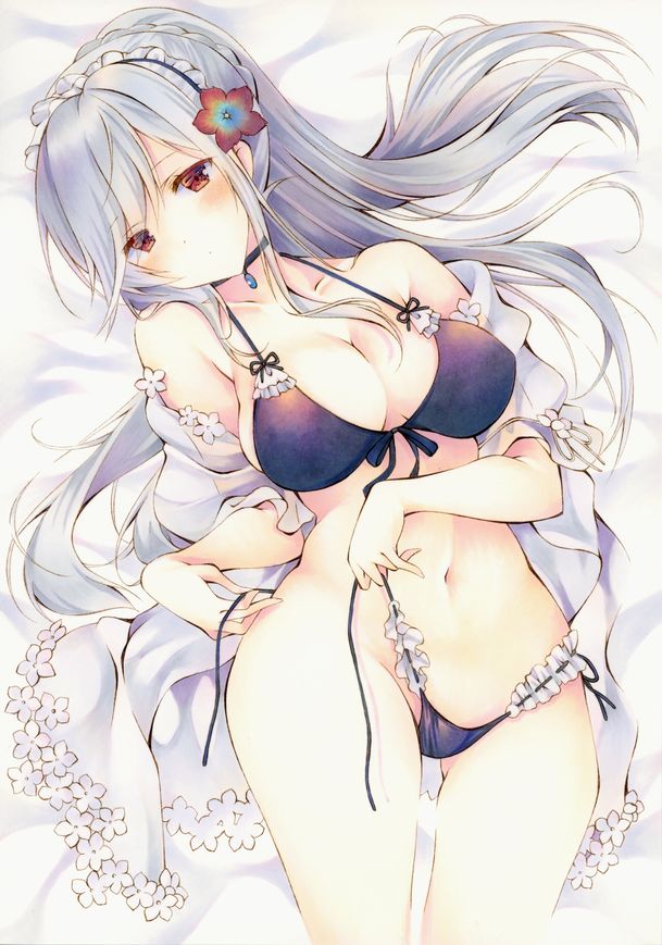 1girl, ass_visible_through_thighs, azur_lane, bikini, black_choker, braid, breasts, choker