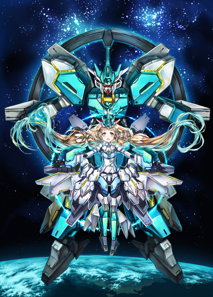 1girl, absurdres, aqua_eyes, blonde_hair, cosplay, eve_(gundam_build_divers_re:rise), floating, floating_hair