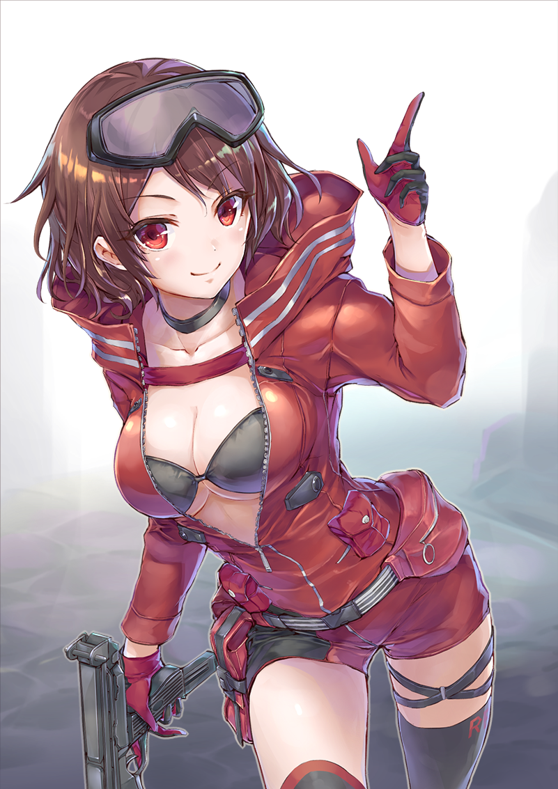 1girl, bra, breasts, eyebrows_visible_through_hair, girls_frontline, gloves, holding, holding_weapon