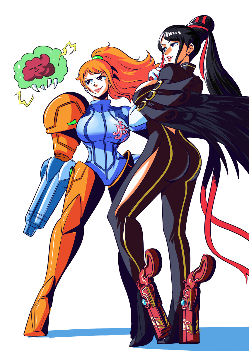 2girls, absurdres, ankle_gun, arm_cannon, ass, bayonetta, bayonetta_(character), bayonetta_(character)_(cosplay), beehive_hairdo, black_hair, blue_bodysuit, blue_eyes, bodysuit, breasts, buckle, cleavage_cutout, clothing_cutout, contrapposto, cosplay, electricity, gun, hand_on_hip, highres, large_breasts, long_hair, metroid, metroid_(creature), multiple_girls, nami_(one_piece), nico_robin, one_piece, orange_eyes, orange_hair, parted_lips, ponytail, red_ribbon, ribbon, samus_aran, samus_aran_(cosplay), sideboob, smile, tina_fate, varia_suit, weapon, white_background