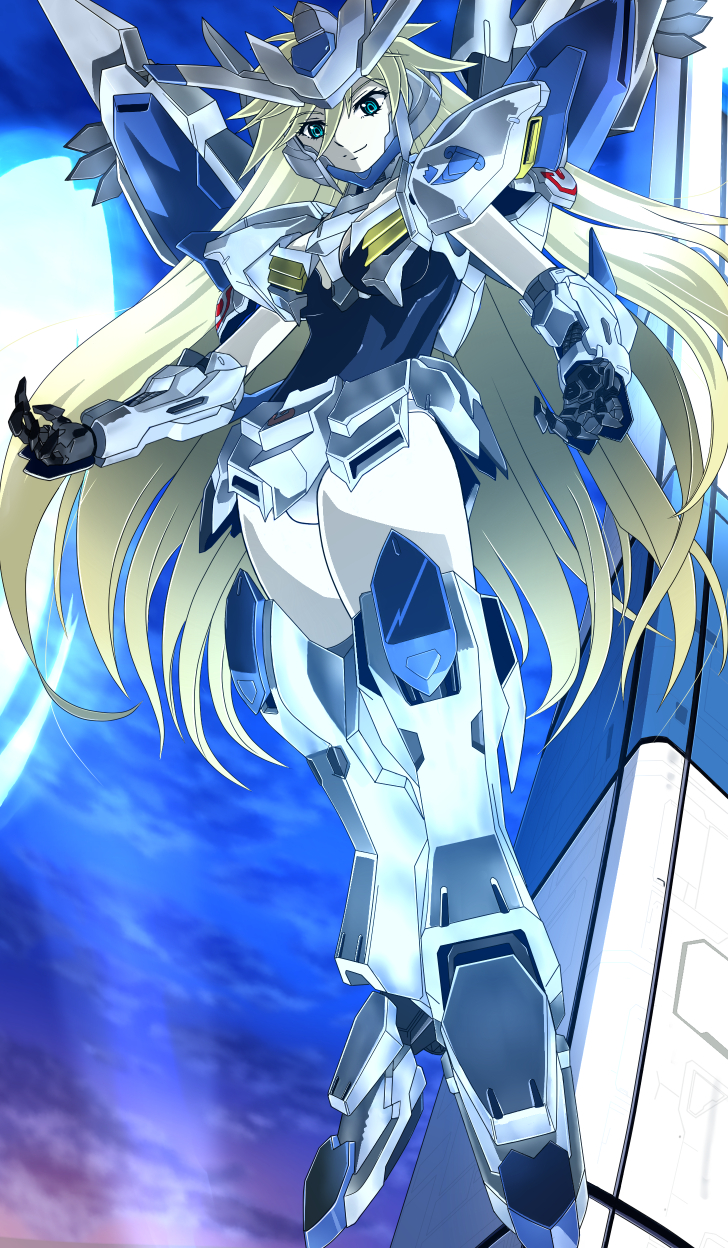 1girl, blonde_hair, blue_eyes, breasts, floating, gundam, gundam_bael, gundam_tekketsu_no_orphans