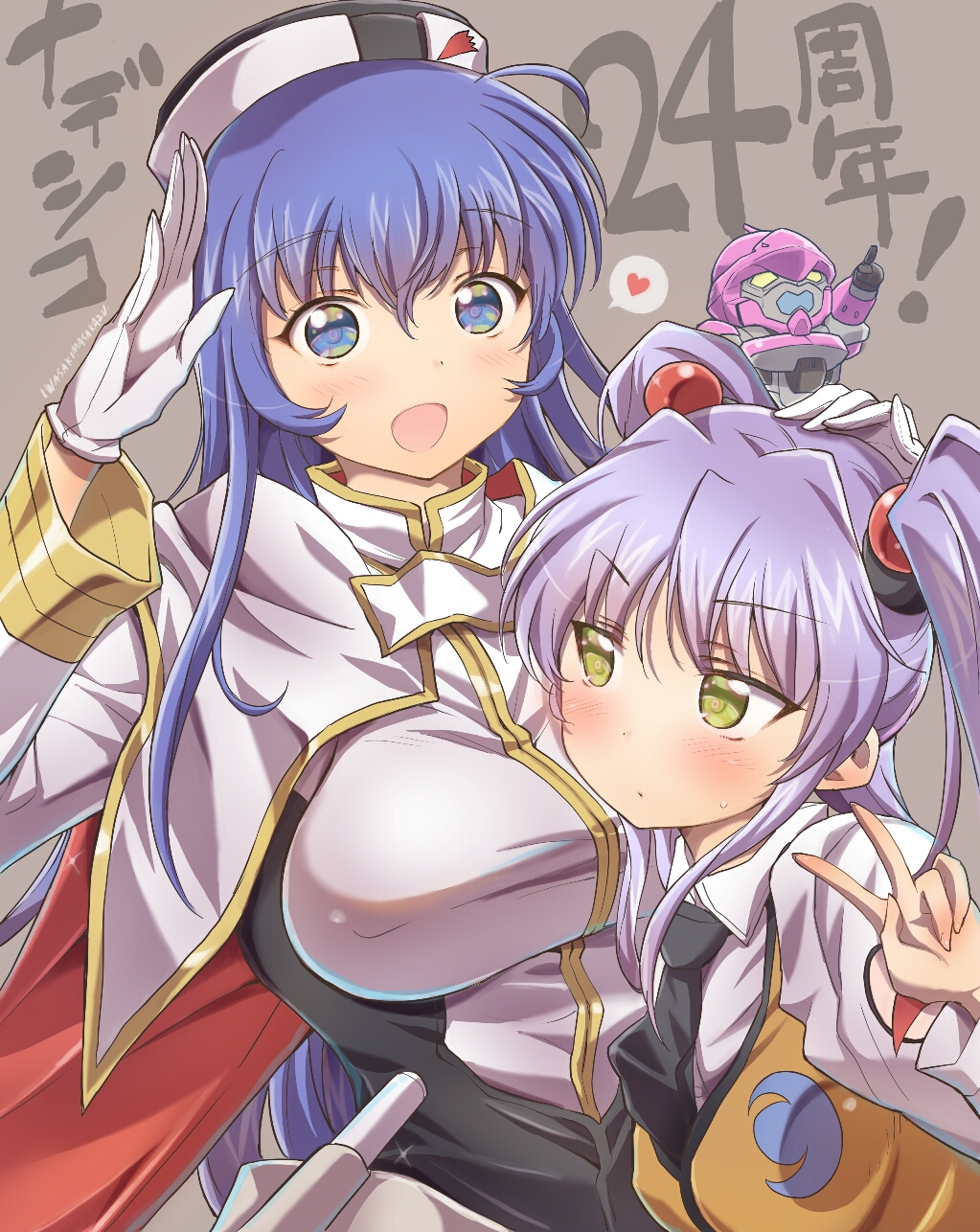 2girls, aestivalis, blue_eyes, blue_hair, blush, breasts, chibi, heart