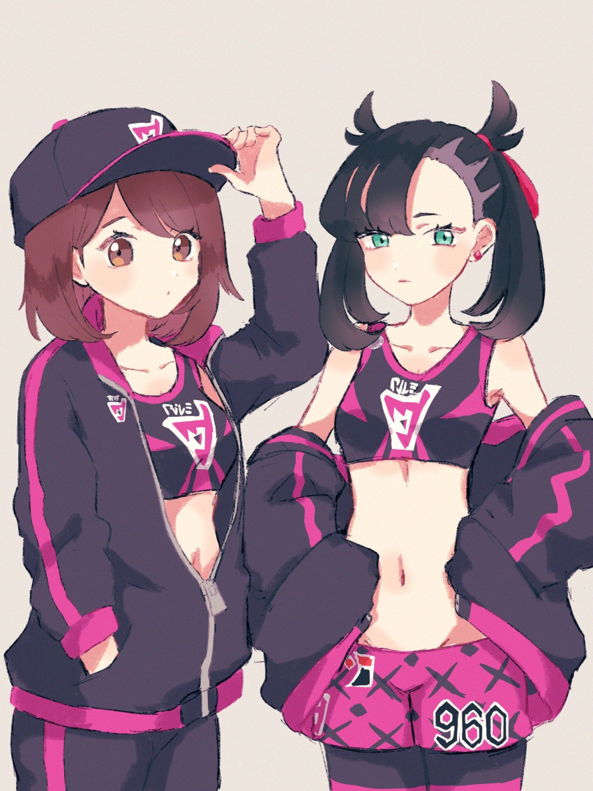 2girls, arm_up, asymmetrical_bangs, bangs, baseball_cap, black_hair, black_headwear, blush