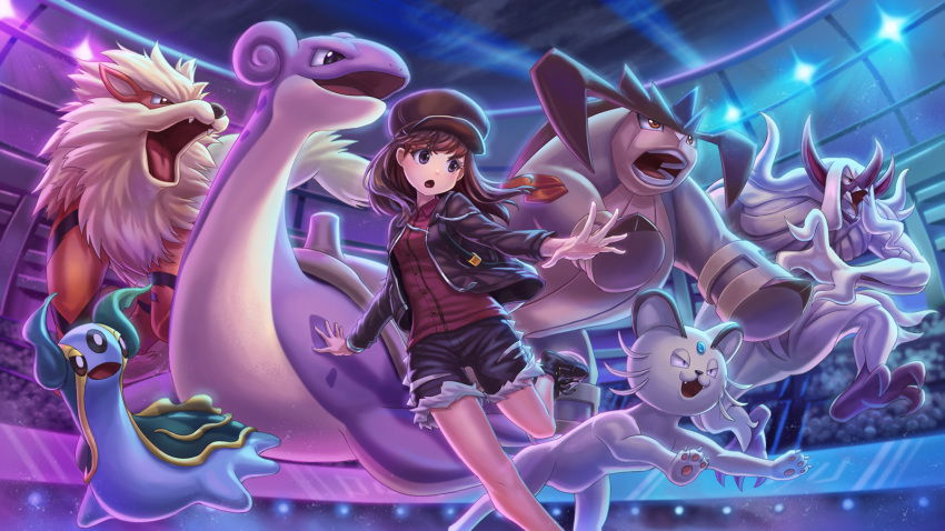 1girl, alolan_form, alolan_persian, alternate_costume, arcanine, bangs, brown_hair, buttons