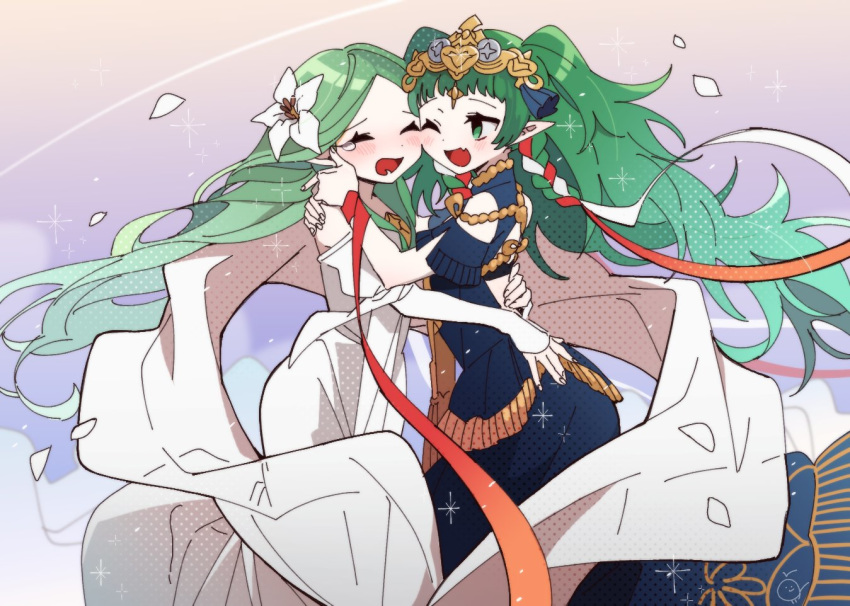 2girls, braid, closed_eyes, dress, fire_emblem, fire_emblem:_three_houses, flower, friedbirdchips