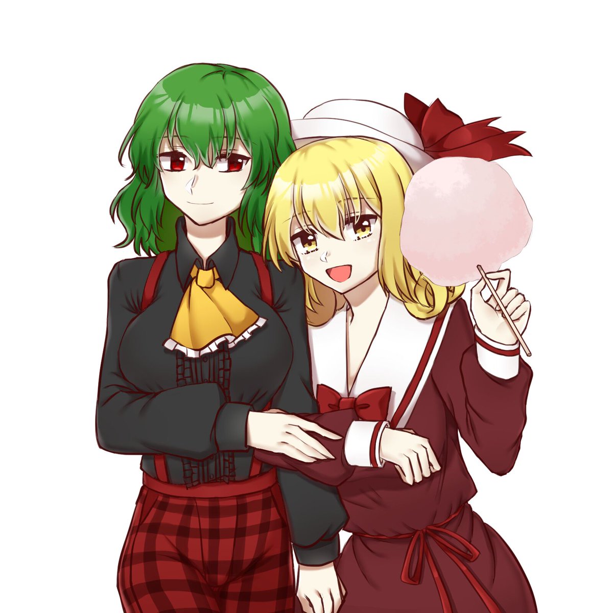 2girls, artist_request, ascot, black_shirt, blonde_hair, bow, collared_shirt, cotton_candy, cowboy_shot, dress, elly, eyebrows_visible_through_hair, frilled_neckwear, green_hair, hat, hat_bow, highres, juliet_sleeves, kazami_yuuka, kazami_yuuka_(pc-98), long_sleeves, multiple_girls, pants, plaid, plaid_pants, puffy_sleeves, red_bow, red_dress, red_eyes, red_pants, sailor_collar, shirt, short_hair, simple_background, touhou, touhou_(pc-98), white_background, yellow_eyes, yellow_neckwear