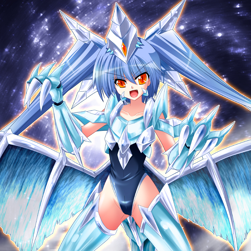 1girl, :d, blue_hair, brionac_dragon_of_the_ice_barrier, bunji, claws, collarbone, cowboy_shot
