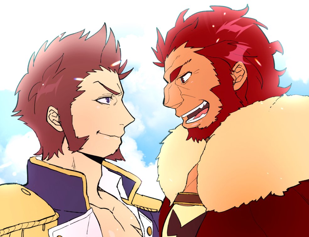 2boys, backlighting, beard, blue_eyes, brown_hair, cape, chako_nejio, close-up