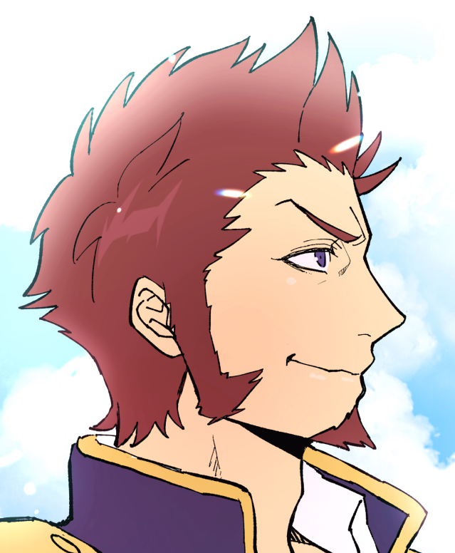 1boy, backlighting, blue_eyes, brown_hair, chako_nejio, close-up, collar, facial_hair