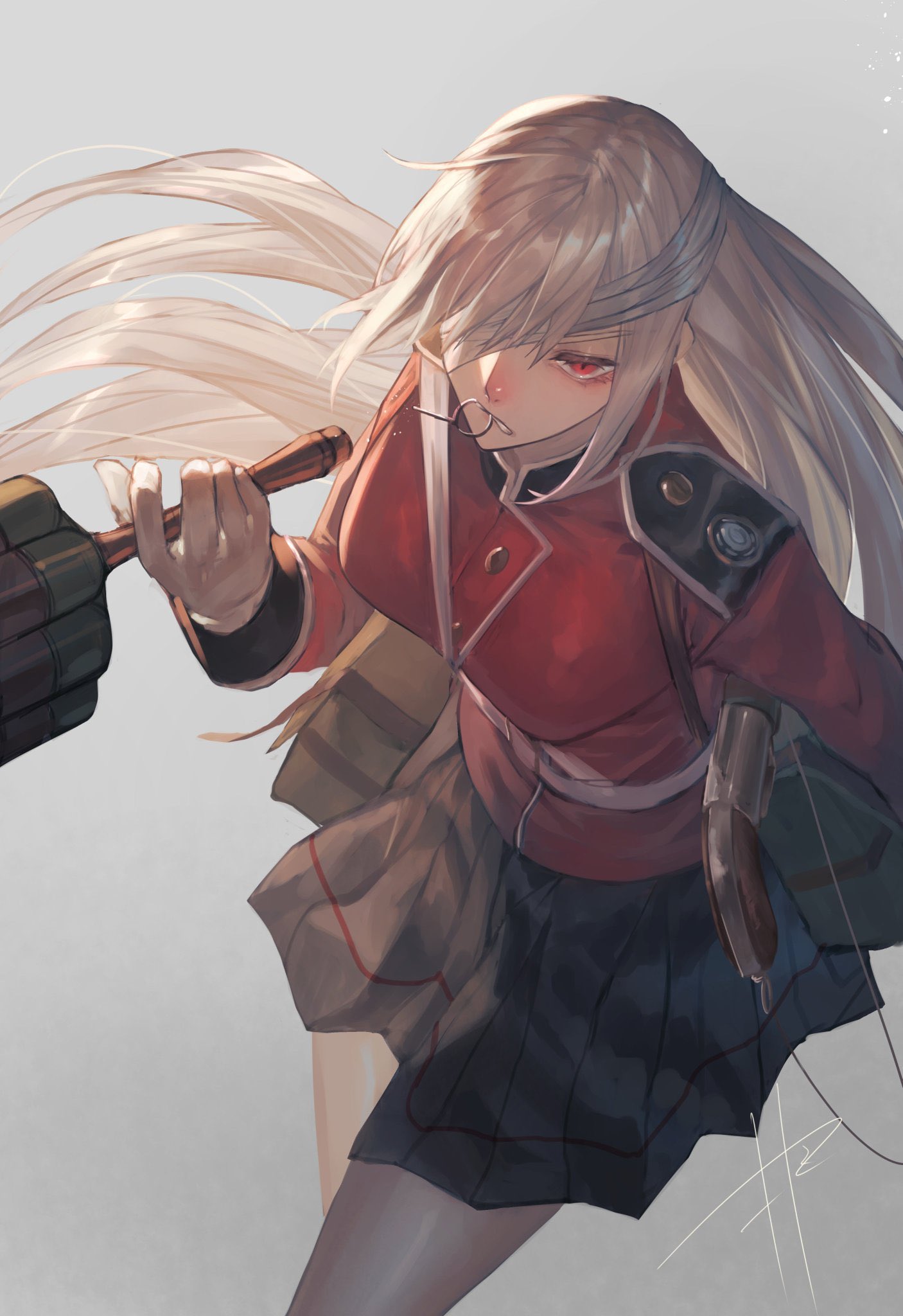 1girl, alternate_hairstyle, bag, bandage_over_one_eye, bandages, belt, between_breasts, breasts