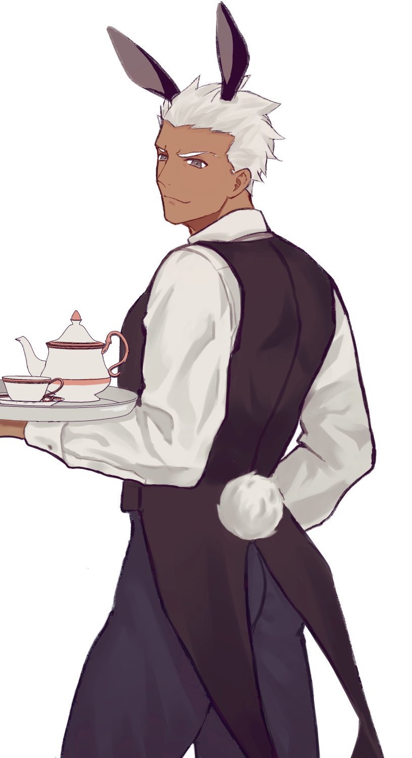1boy, alternate_costume, animal_ears, archer, brown_eyes, bunny_tail, cup, dark_skin