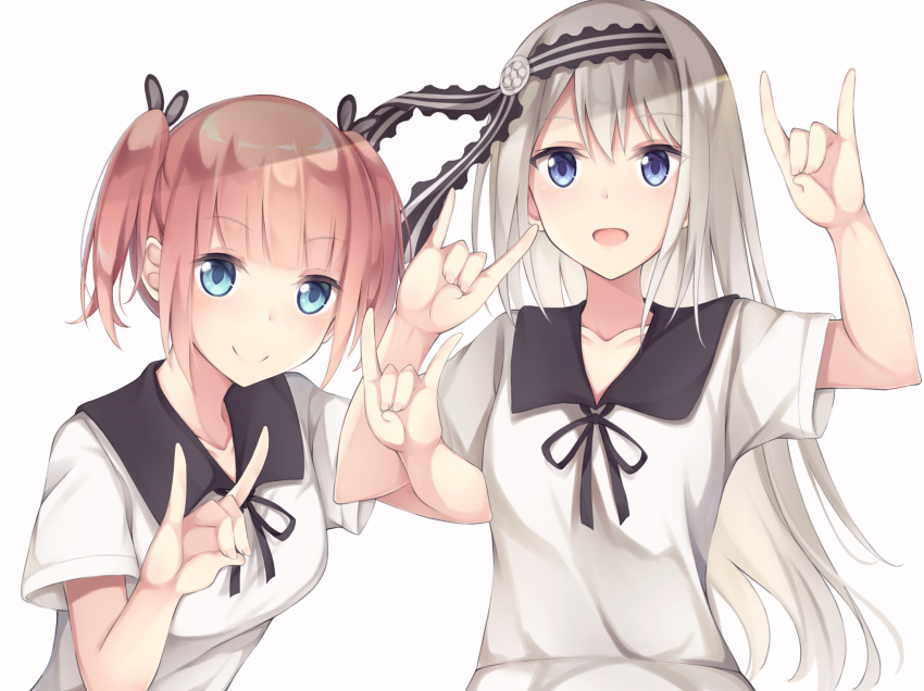 2girls, \m/, bad_proportions, bangs, black_hairband, black_ribbon, blue_eyes, blush