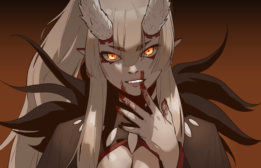 1girl, blood, blood_on_face, bloody_hands, borrowed_character, brown_background, commentary, english_commentary, eyebrows_visible_through_hair, facial_mark, fingernails, gogalking, gradient, gradient_background, grey_hair, hair_between_eyes, hand_up, head_tilt, highres, horns, iga_(okame_nin), long_hair, looking_at_viewer, orange_eyes, original, pointy_ears, ponytail, red_nails, shaded_face, smile, solo, upper_body