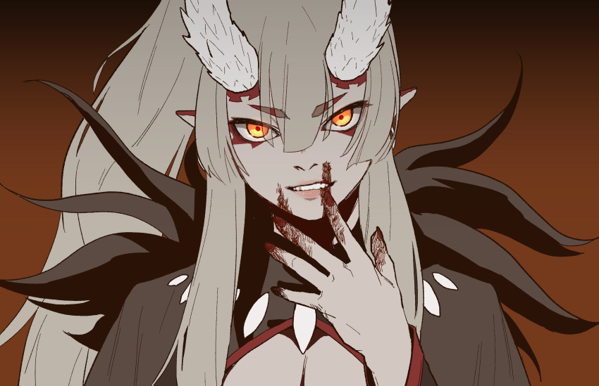 1girl, blood, blood_on_face, bloody_hands, borrowed_character, brown_background, commentary, english_commentary