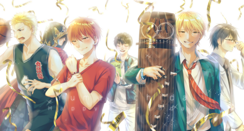29pad_ky, 6+boys, absurdres, adjusting_eyewear, ahiru_no_sora, basketball, blonde_hair, blush